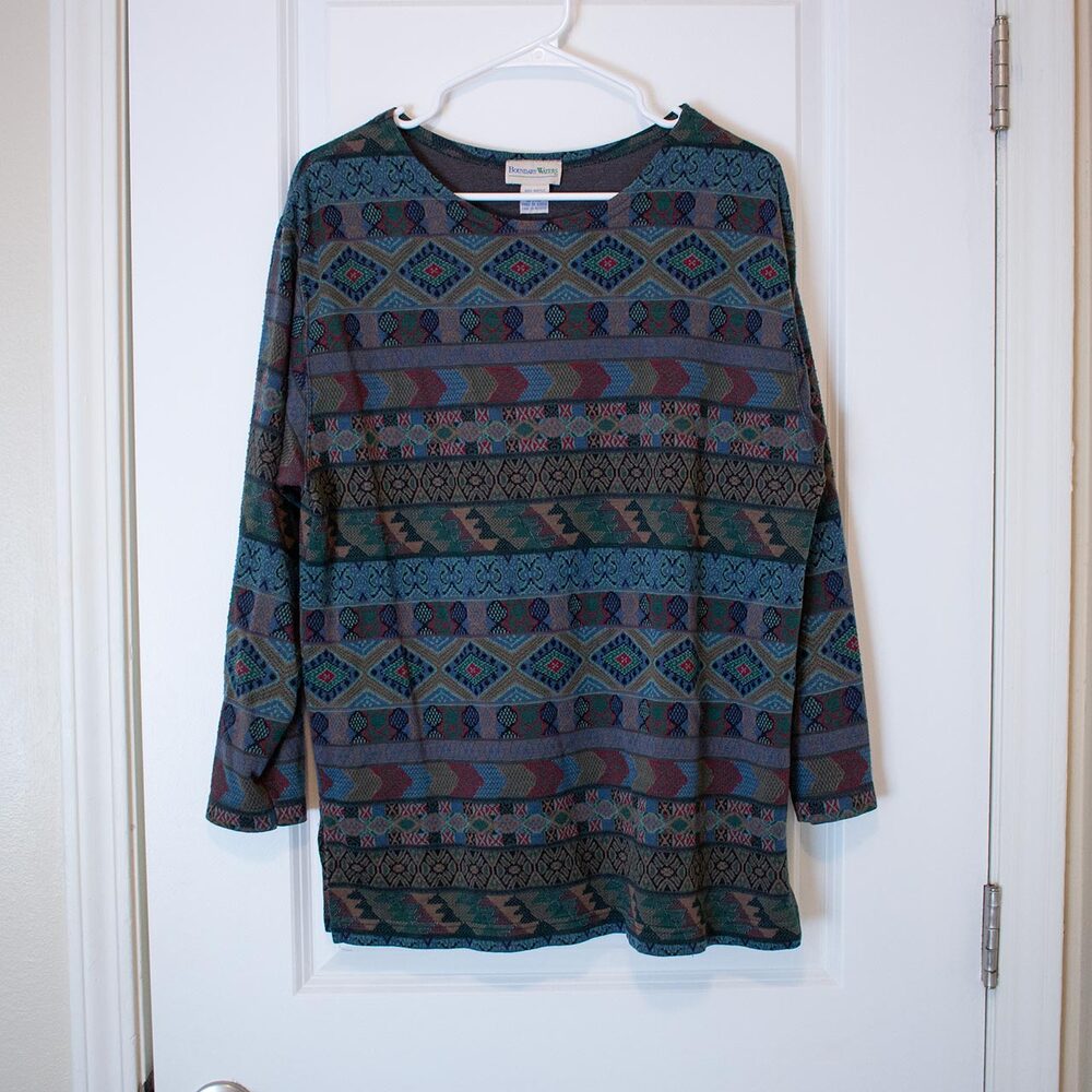 Southwest Coogi-Style Knit Top 90s Split Hem L Earth Tone | Dark Autumn